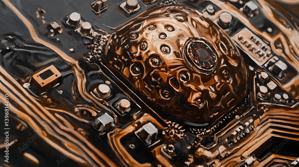 Poster close-up view of a complex, shiny circuit board with intricate patterns and copper details, showcasi