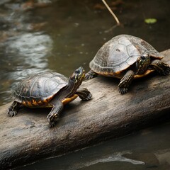 Obraz premium Two Turtles Sunbathing on a Log by a Calm Stream in Nature
