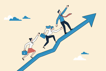 Motivate employee, career improvement or inspiration for self development to success in work, motivation or advice for business growth, businessman with megaphone motivate employees to walk up arrow.