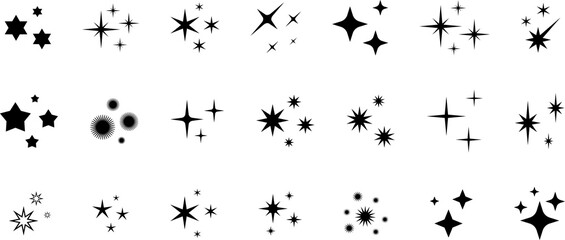Minimalist silhouette stars icon set, twinkle shining star shape symbols, icons, elements. Modern geometric sparkle black silhouettes sign