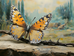 Fototapeta premium A detailed butterfly resting on a branch with patterned wings