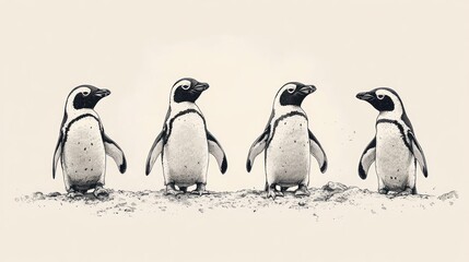 Obraz premium Four penguins standing in a row on sand, monochrome sketch style.