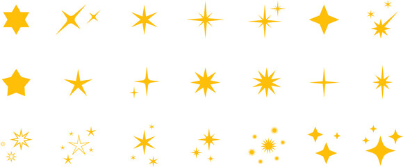 Minimalist silhouette stars icon set, twinkle shining star shape symbols, icons, elements. Modern geometric sparkle black silhouettes sign