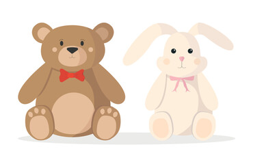 Fototapeta premium Soft toys icon teddy bear and bunny on white background. Toys for children and for gift.