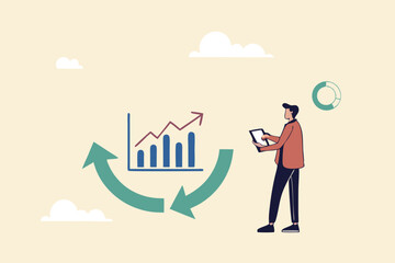 Economic cycle to study up and down on stock market, booming or recession, business cycle for marketing, statistic or data analysis concept, businessman with magnifier on economic cycle diagram.