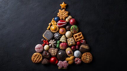 Christmas tree made of assorted sweets and pastries on a dark background overhead shot