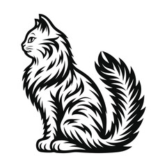 Silhouette of Sitting Cat with Fluffy Tail, Detailed Fur Pattern in Black and White