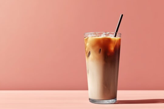 Glass of iced coffee latte with milk and ice on warm pastel pink background, refreshing summer drink with straw, minimalist aesthetic beverage concept