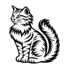 Striking Black and White Silhouette of a Fluffy Cat, Detailed Fur Texture, Isolated