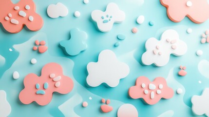 Pastel clouds and paw prints on blue background.