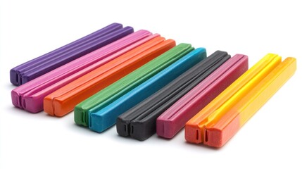 Fototapeta premium Colorful plastic sticks arranged on white background.