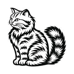 Elegant Silhouette of Sitting Cat, Black and White, Intricate Fur Pattern Design
