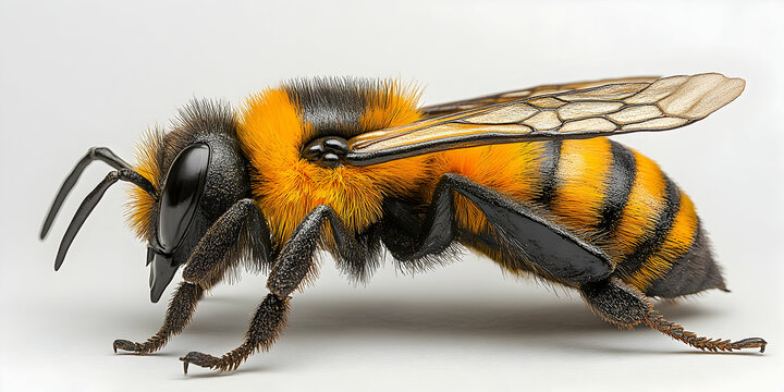 A striped insect with hairy body clear wings and black legs set against a white background