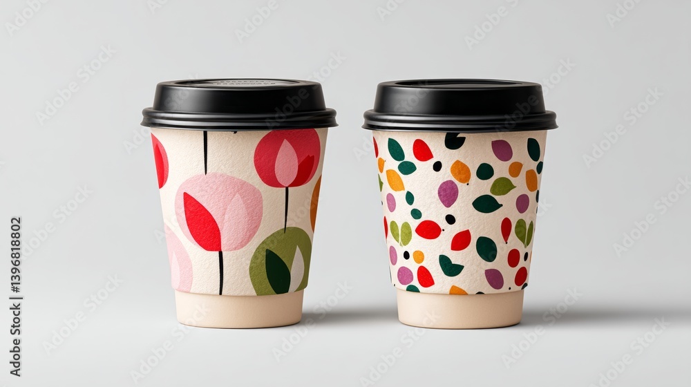 Poster two coffee cups with colorful designs on them. one has a flower pattern and the other has a leaf pat