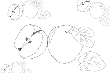 black and white background. black and white background with apple  fruit elements. black and white background with fruit elements.	
