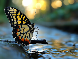 Obraz premium A vibrant butterfly resting on a twig above flowing water