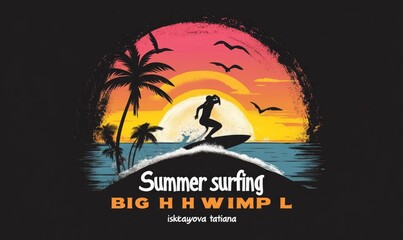 surfing Summer beach wave with palm trees and sunset for t shirt 