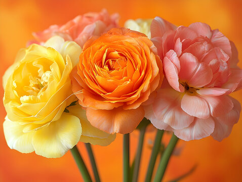 A vibrant floral arrangement featuring yellow orange and peach flowers on an orange background