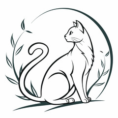 Minimalist Cat Silhouette Sitting, Floral Frame, Outline, White Feline, Elegant Design