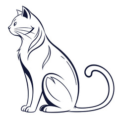 Contour Drawing of Elegant Cat Silhouette, Sitting Feline with Curled Tail Design