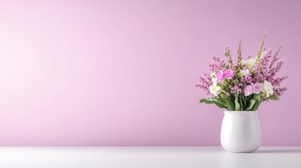 A bouquet of pink and white flowers in a white vase on a white surface against a soft pink background