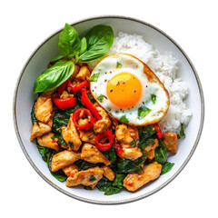 Delicious Chicken Basil Stir Fry with Rice and Fried Egg Asian Food Bowl