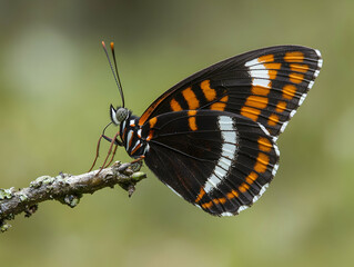 Obraz premium Beautiful butterfly resting on a lichen covered branch with striking orange and white markings on its wings