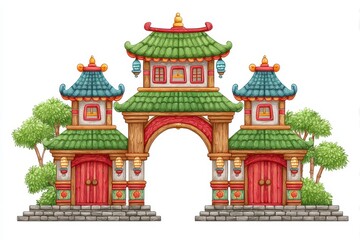 Whimsical Pixel Art Asian Gate Illustration