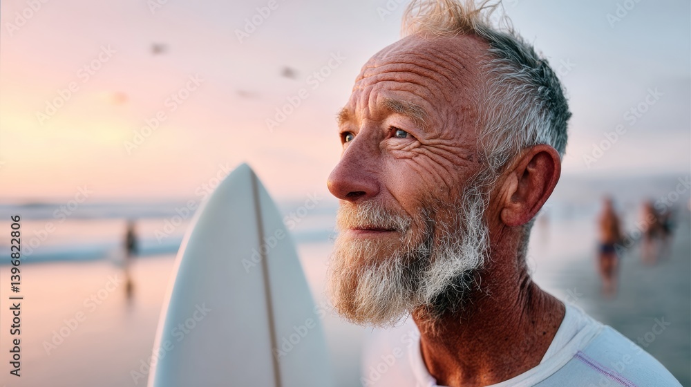 Poster man with a white surfboard is standing on the beach. he has a beard and is smiling
