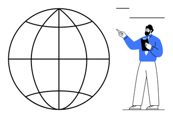 Man holding a notebook points at a large wireframe globe, symbolizing global concepts, education, or innovation. Ideal for teaching, learning, global communication, strategy, innovation teamwork
