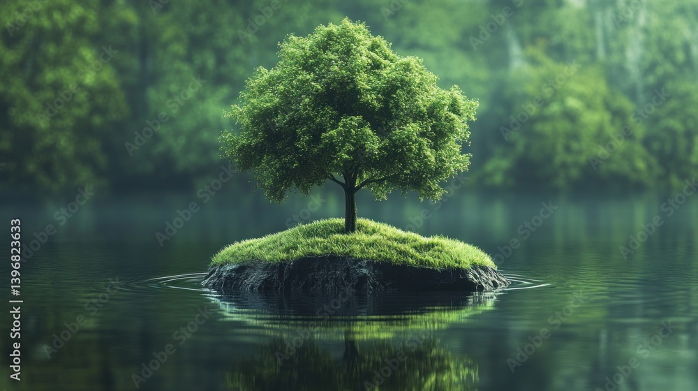 Poster serene tree on a small island in a calm lake, surrounded by lush greenery.
