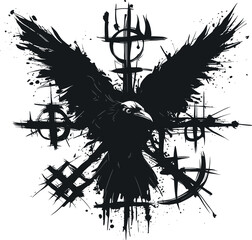 Black raven silhouette in a grunge ink-splatter style, set against a white background, featuring Norse Viking symbolism with Vegvisir runes and a touch of Valhalla mystique