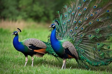 Obraz premium peacocks in blue and green plumage facing each other. Suitable for nature, wildlife, and birdthemed designs and projects.