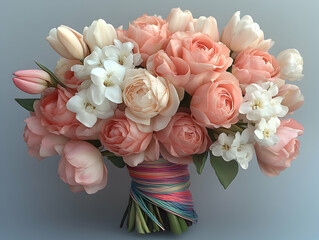 Bouquet of pink roses white tulips and jasmine flowers tied together with a vibrant ribbon