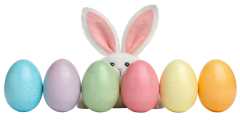 Easter Bunny with Eggs: A delightful Easter scene features a charming rabbit surrounded by a row of colorful eggs, perfect for celebrations of new life and springtime joy.