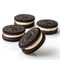 "Oreo sandwich cookies with creamy center shown on white background, ideal for product displays and digital marketing"