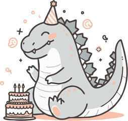 Happy birthday cake with candles featuring a cute cartoon dragon, crocodile, and dinosaur characters, surrounded by wildlife animals like a wolf, alligator, and cat in a fun, colorful design