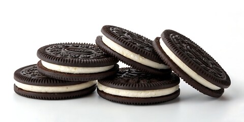"Oreo sandwich cookies with creamy center shown on white background, ideal for product displays and digital marketing"