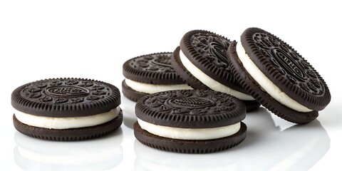 "Oreo sandwich cookies with creamy center shown on white background, ideal for product displays and digital marketing"