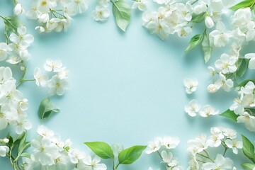 Fototapeta premium Delicate white blossoms framing a serene pale blue background, creating a peaceful springtime scene with soft light and a textured surface.