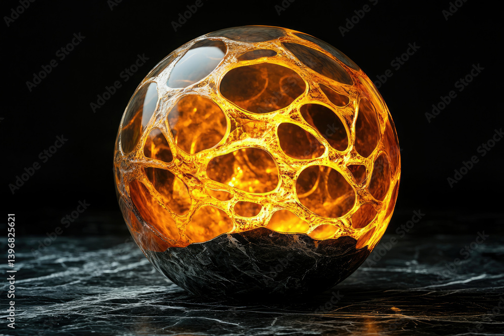 Poster Glowing orb with an intricate cell-like structure sits on a dark, marbled surface against a stark black backdrop.