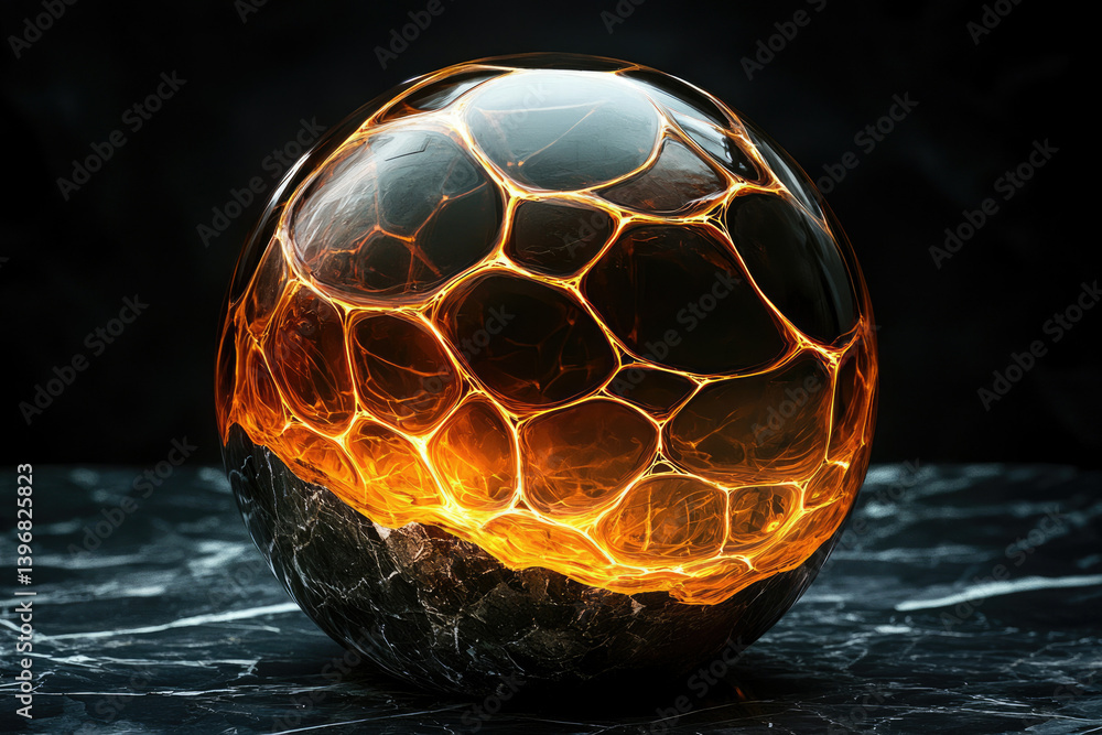 Poster glow-in-the-dark egg-shaped object, featuring a dark and shiny crystalline exterior and illuminated 
