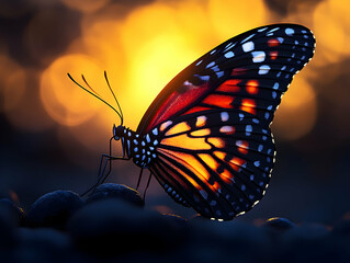 Obraz premium Butterfly at twilight wings patterned with reds and blues perched on dark stones