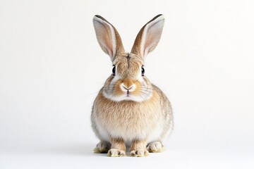 Fototapeta premium A sweet, curious bunny sits patiently against a clean white backdrop, showing off its soft fur and long ears.