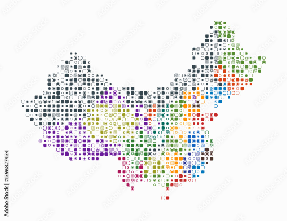 Poster china, shape of the country build of colored cells. digital style map of the china on white backgrou