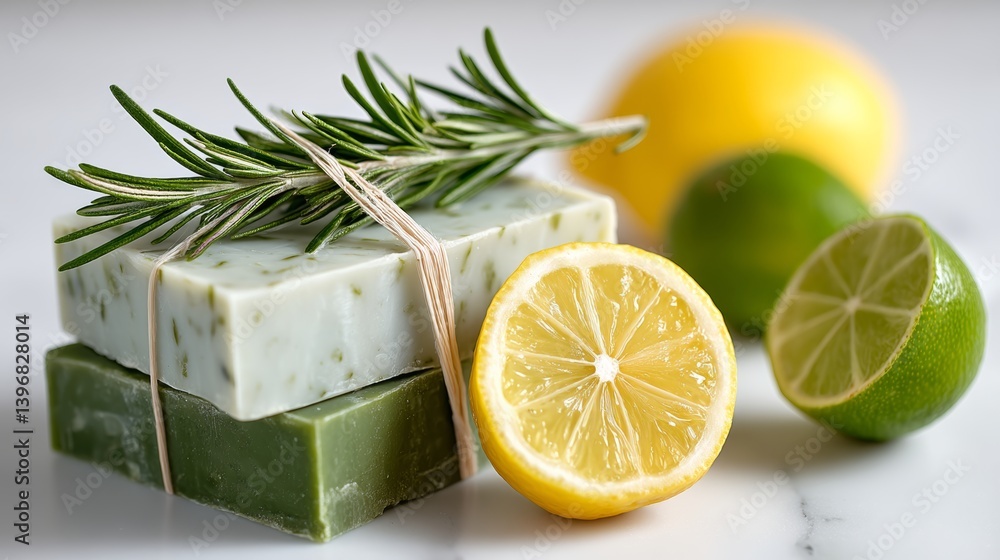 Poster bar of soap is on top of a bar of soap and a lemon. the soap is green and the lemon is yellow