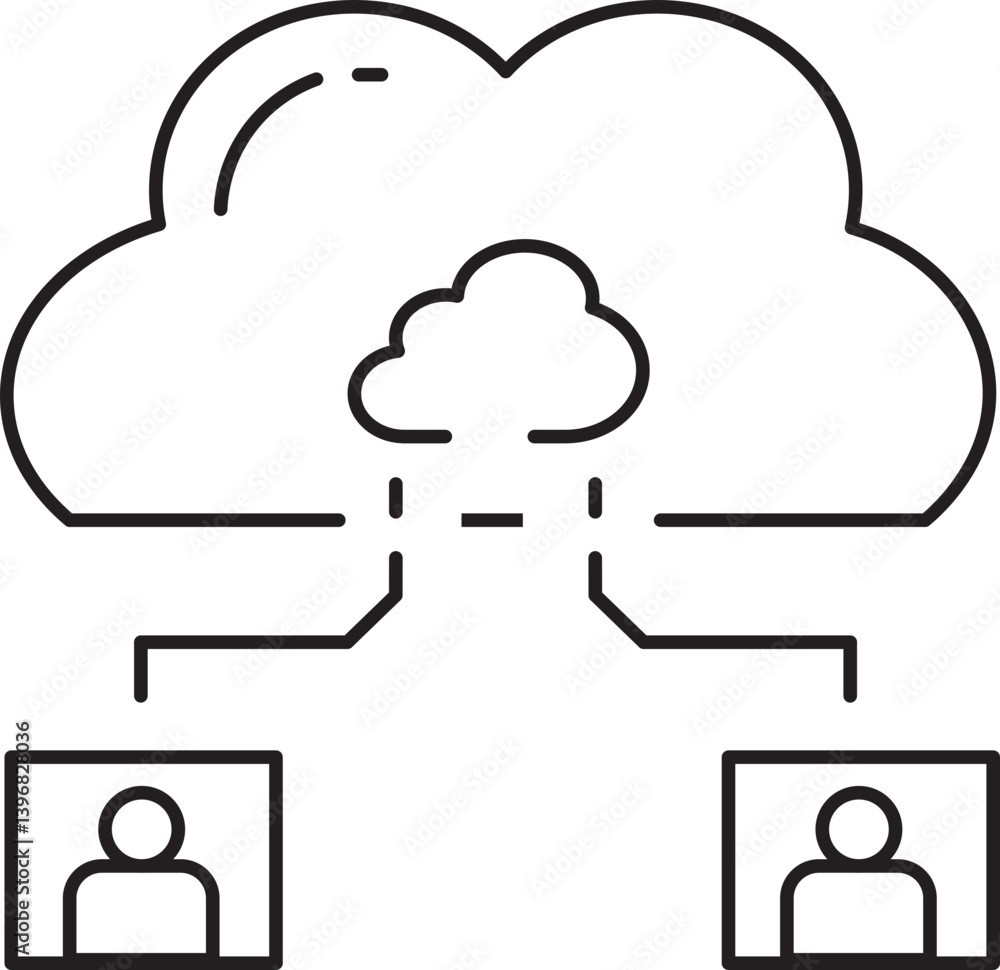Poster cloud computing illustration showing two users connected to central cloud, symbolizing data sharing 