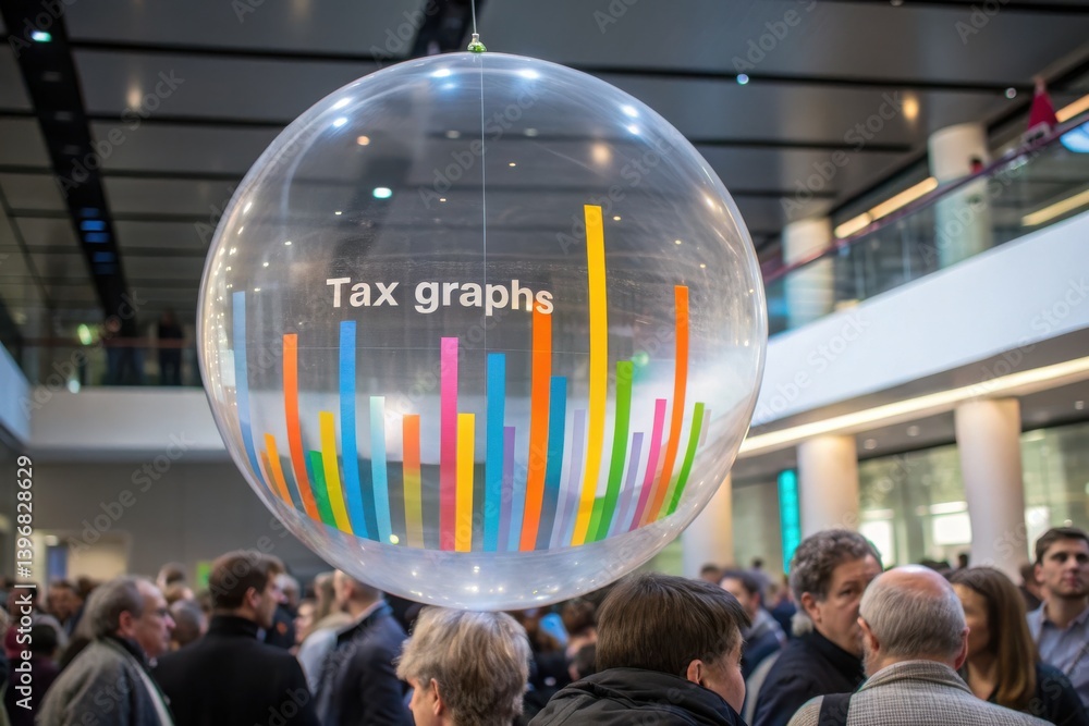 Aufkleber a transparent sphere displays colorful tax graphs, surrounded by a crowd at an event, illustrating d