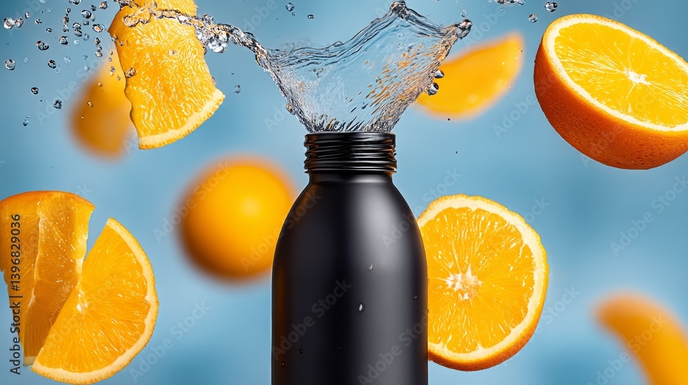 Aufkleber black bottle filled with water and orange slices floating in it. the water is splashing out of the b