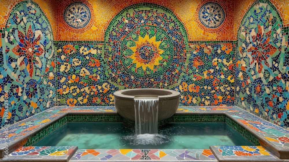 Poster mosaic tile wall that combines vibrant colors and intricate patterns, creating an alluring focal poi